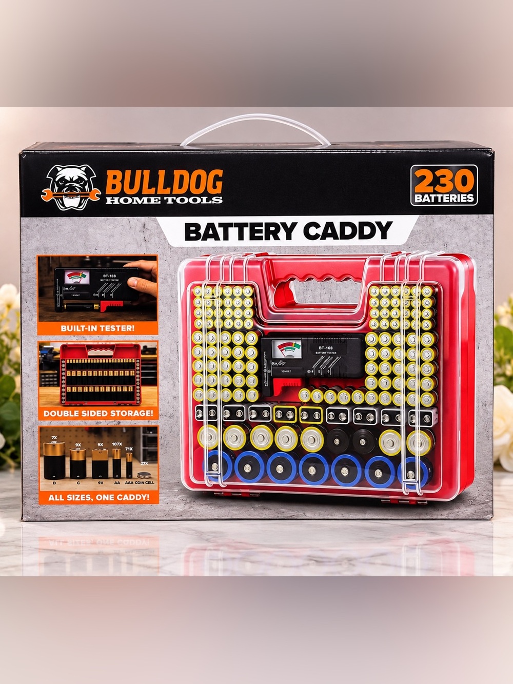 Bulldog Home Tools Red Battery Caddy with Tester and 230-Battery Storage
